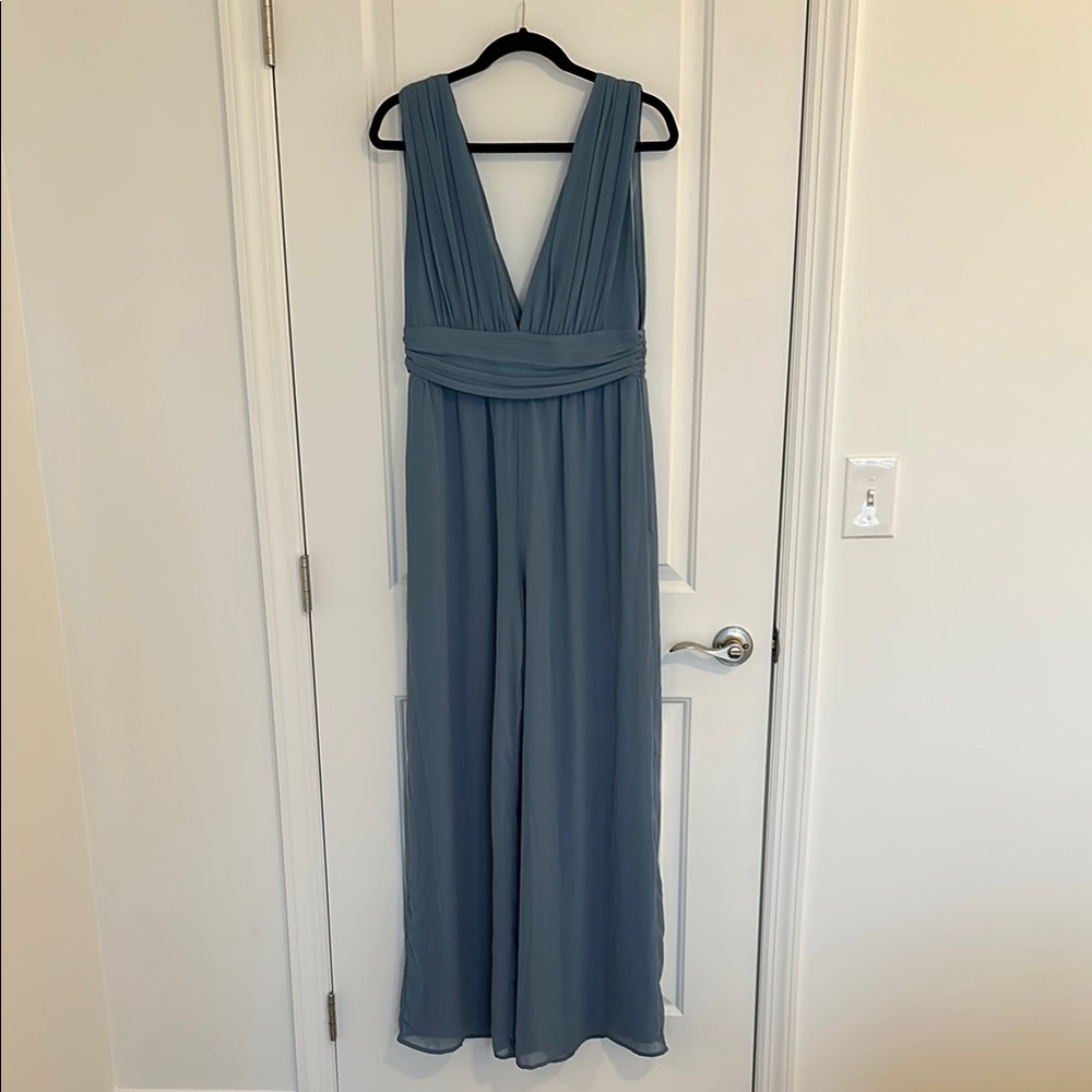 Lulu's Slate Blue V-Neck Chiffon Jumpsuit